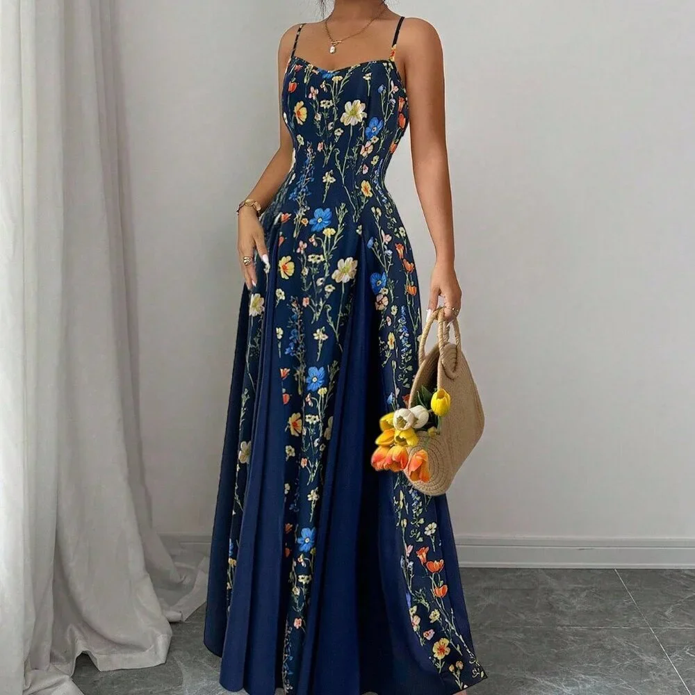 Navy Blue Boho Women's Elegant Sleeveless Long Floral Maxi Dress - Picture 3 of 5